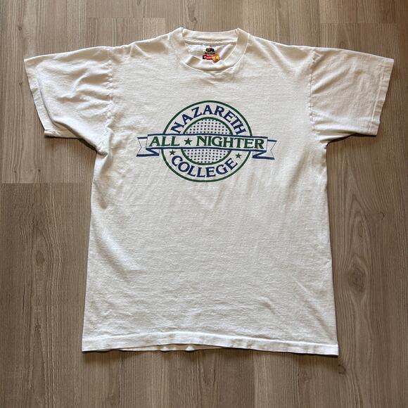 Vintage 90's Nazareth College All Nighter Flyers White Blue Tee Shirt Sz Large - Picture 1 of 6